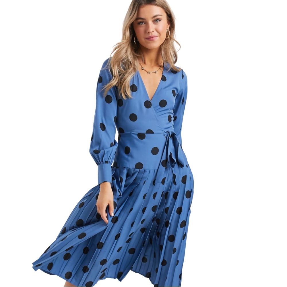Wednesday’s Girl Blue Black Polka Dot Midi Pleated‎ Skirt Wrap Dress Small NWT